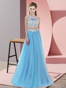 Sleeveless Floor Length Lace Zipper Court Dresses for Sweet 16 with Baby Blue