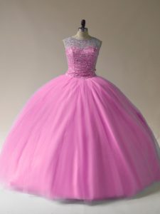 Affordable Scoop Sleeveless Tulle Quinceanera Dresses Beading Lace Up