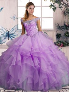 Graceful Off The Shoulder Sleeveless Ball Gown Prom Dress Floor Length Beading and Ruffles Lavender Organza