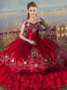Ball Gowns Quinceanera Gown Red Off The Shoulder Satin Sleeveless Floor Length Lace Up