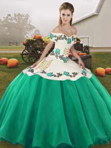 Luxurious Floor Length Lace Up Quince Ball Gowns Turquoise for Military Ball and Sweet 16 and Quinceanera with Embroidery