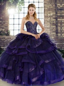 Attractive Purple Sleeveless Tulle Lace Up Quince Ball Gowns for Military Ball and Sweet 16 and Quinceanera