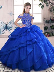 Excellent Royal Blue Sleeveless Beading and Ruffled Layers Floor Length Quince Ball Gowns
