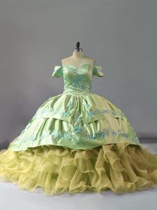Yellow Green Lace Up Off The Shoulder Embroidery and Ruffles Quince Ball Gowns Organza Sleeveless Chapel Train