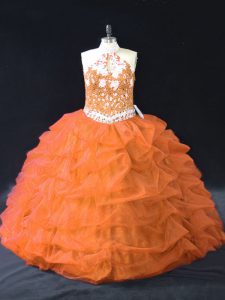 Glorious Orange Halter Top Backless Pick Ups Sweet 16 Dress Sleeveless