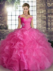 Sumptuous Rose Pink Ball Gowns Beading and Ruffles Ball Gown Prom Dress Lace Up Organza Sleeveless Floor Length