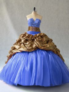 Blue Sleeveless Organza and Printed Brush Train Lace Up Quinceanera Gown for Sweet 16 and Quinceanera