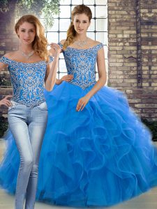 Chic Brush Train Two Pieces 15th Birthday Dress Blue Off The Shoulder Tulle Sleeveless Lace Up