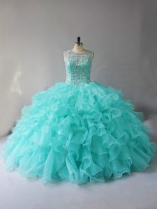 Stunning Aqua Blue Ball Gowns Scoop Sleeveless Organza Lace Up Beading and Ruffles Sweet 16 Dresses