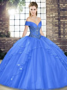 Dramatic Off The Shoulder Sleeveless Tulle Ball Gown Prom Dress Beading and Ruffles Lace Up
