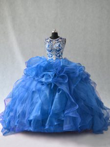 Exceptional Blue Sleeveless Organza Lace Up Ball Gown Prom Dress for Quinceanera