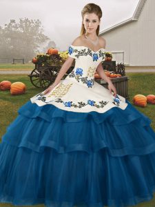 Tulle Off The Shoulder Sleeveless Brush Train Lace Up Embroidery and Ruffled Layers Vestidos de Quinceanera in Blue
