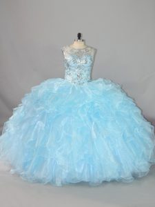 Ball Gowns 15 Quinceanera Dress Blue Scalloped Organza Sleeveless Floor Length Lace Up