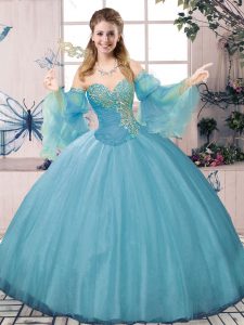 Blue Sweetheart Neckline Beading and Ruching Sweet 16 Dress Long Sleeves Lace Up