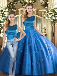 Wonderful Blue Sleeveless Tulle Lace Up Quinceanera Gowns for Military Ball and Sweet 16 and Quinceanera