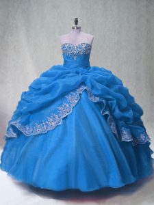 Stylish Blue Sleeveless Organza Lace Up Quinceanera Gown for Sweet 16 and Quinceanera