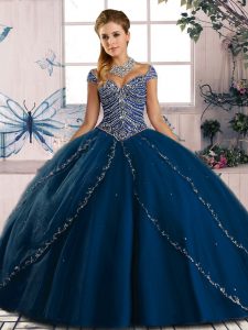 Custom Designed Blue Ball Gowns Sweetheart Cap Sleeves Tulle Brush Train Lace Up Beading Vestidos de Quinceanera