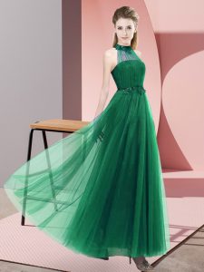 Most Popular Dark Green Lace Up Halter Top Beading and Appliques Damas Dress Tulle Sleeveless