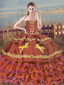 Fantastic Brown Ball Gowns Embroidery and Ruffled Layers 15th Birthday Dress Lace Up Satin and Organza Sleeveless