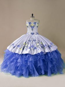 Cheap Sleeveless Satin and Organza Brush Train Lace Up Quinceanera Gowns in Blue And White with Embroidery and Ruffles