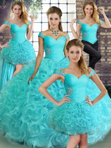 Affordable Aqua Blue Ball Gowns Fabric With Rolling Flowers Off The Shoulder Sleeveless Beading Floor Length Lace Up Sweet 16 Dress