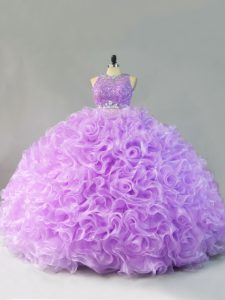 Lavender Two Pieces Fabric With Rolling Flowers Scoop Sleeveless Beading and Ruffles Floor Length Zipper Sweet 16 Dress