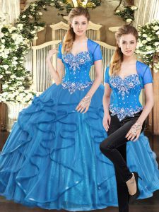 Beauteous Sleeveless Tulle Floor Length Lace Up Quinceanera Gown in Blue with Beading and Ruffles
