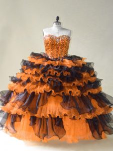 Fine Beading Quinceanera Gowns Orange Lace Up Sleeveless Floor Length