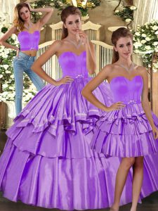 Classical Lilac Three Pieces Sweetheart Sleeveless Taffeta Floor Length Backless Ruffled Layers Vestidos de Quinceanera