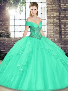 Custom Design Floor Length Apple Green 15 Quinceanera Dress Off The Shoulder Sleeveless Lace Up