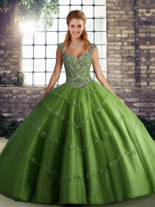 Green Ball Gowns Beading and Appliques Ball Gown Prom Dress Lace Up Tulle Sleeveless Floor Length