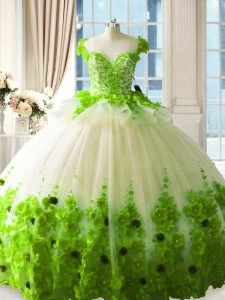 Flare Ball Gowns Scoop Sleeveless Tulle Floor Length Zipper Hand Made Flower Vestidos de Quinceanera