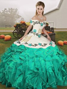 Turquoise Off The Shoulder Neckline Embroidery and Ruffles Sweet 16 Dresses Sleeveless Lace Up