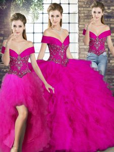 Fuchsia Off The Shoulder Lace Up Beading and Ruffles Quince Ball Gowns Sleeveless
