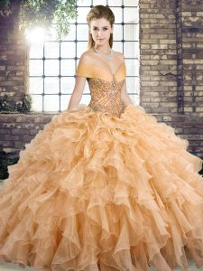 Sleeveless Beading and Ruffles Lace Up Quinceanera Gowns with Gold Brush Train