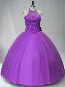 Floor Length Purple Quinceanera Gowns Halter Top Sleeveless Lace Up