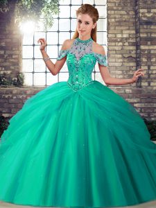 Charming Turquoise Ball Gowns Halter Top Sleeveless Tulle Brush Train Lace Up Beading and Pick Ups Quinceanera Dresses