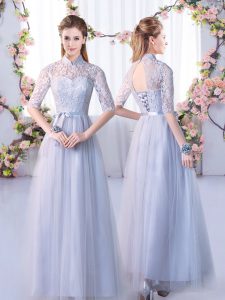 Cute Grey Tulle Lace Up High-neck Half Sleeves Floor Length Quinceanera Court of Honor Dress Lace