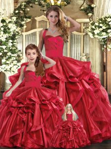 Sleeveless Organza Floor Length Lace Up Quinceanera Gown in Red with Ruffles