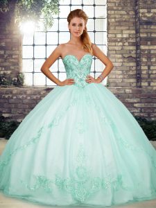 Apple Green Tulle Lace Up Sweetheart Sleeveless Floor Length Sweet 16 Dresses Beading and Embroidery