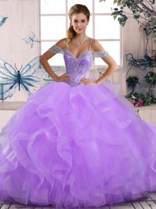 Lovely Off The Shoulder Sleeveless Lace Up Quinceanera Dress Lavender Tulle