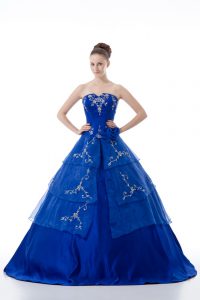 Fine Royal Blue Organza Lace Up V-neck Sleeveless Floor Length Quinceanera Dresses Embroidery and Ruffled Layers