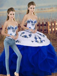 Royal Blue Sleeveless Floor Length Embroidery and Ruffles and Bowknot Lace Up Quince Ball Gowns