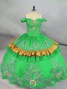 Flirting Ball Gowns Quinceanera Dress Green Off The Shoulder Satin Sleeveless Floor Length Lace Up