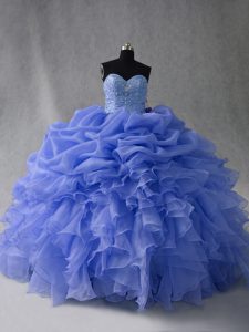 Blue Organza Lace Up Sweetheart Sleeveless Floor Length Ball Gown Prom Dress Beading and Ruffles and Pick Ups