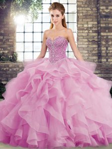 Lilac Tulle Lace Up Sweetheart Sleeveless Quinceanera Gowns Brush Train Beading and Ruffles