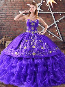 Romantic Purple Sweetheart Neckline Embroidery and Ruffled Layers 15th Birthday Dress Sleeveless Lace Up