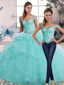 Captivating Aqua Blue Quinceanera Dress Military Ball and Sweet 16 and Quinceanera with Beading and Ruffles Off The Shoulder Sleeveless Lace Up
