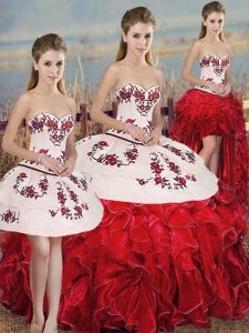 White And Red Ball Gowns Embroidery and Ruffles and Bowknot 15th Birthday Dress Lace Up Organza Sleeveless Floor Length