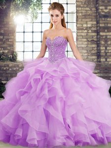 Lavender Lace Up Sweetheart Beading and Ruffles Quinceanera Gowns Tulle Sleeveless Brush Train